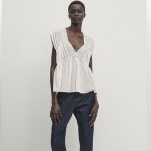 Massimo Dutti tiered cotton voile White V-Neck Cap Sleeve Top size XS